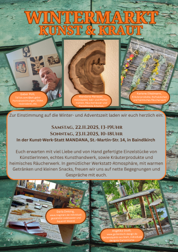 Wintermarkt 2025 final-winzig Das Bild zeigt einen Flyer der zu einem Wintermarkt Kunst  Kraut einlädt.